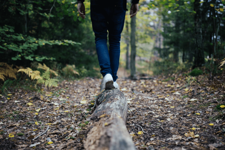 a person standing in a wooded area